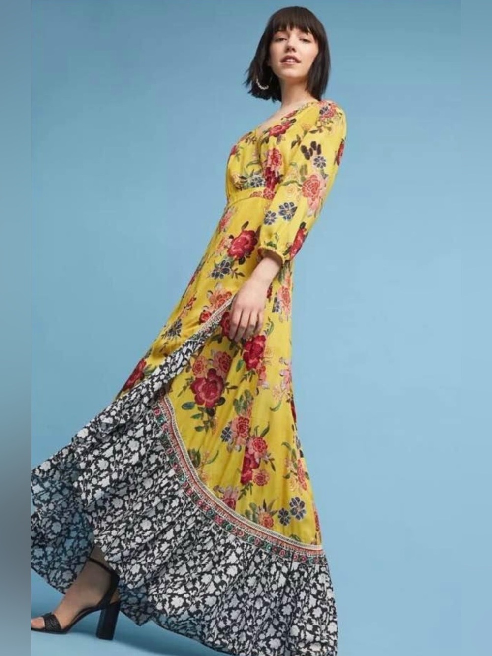 Farm Reo Yellow Floral Maxi Dress with Contrast Hem